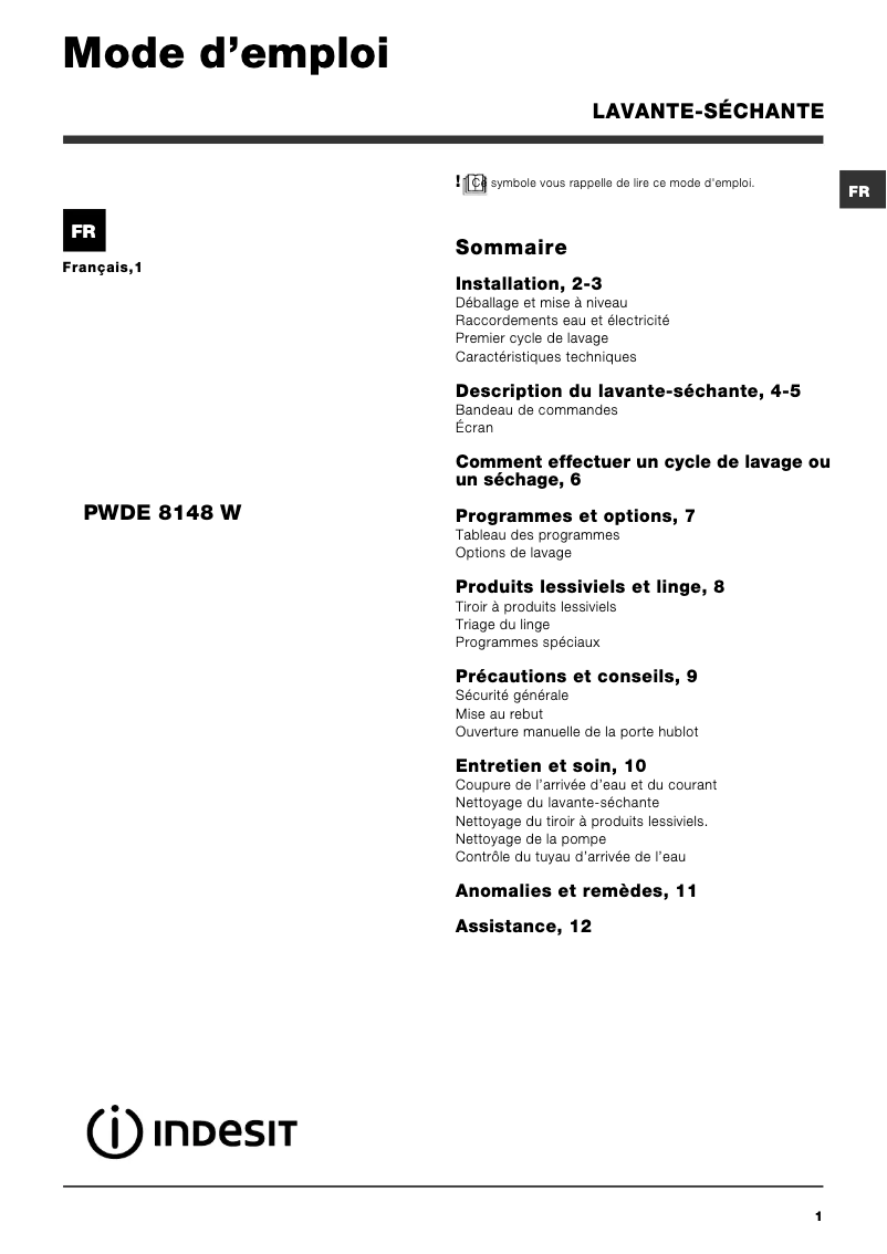 Página 1 del manual Manual de usuario Indesit PWDE 8148 W (FR)