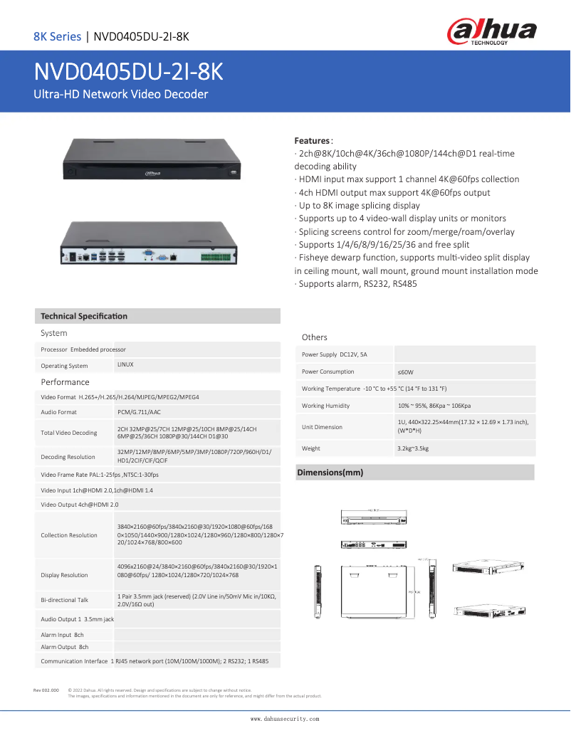 Page n°1 - Fiche technique Dahua Technology NVD0405DU-2I-8K