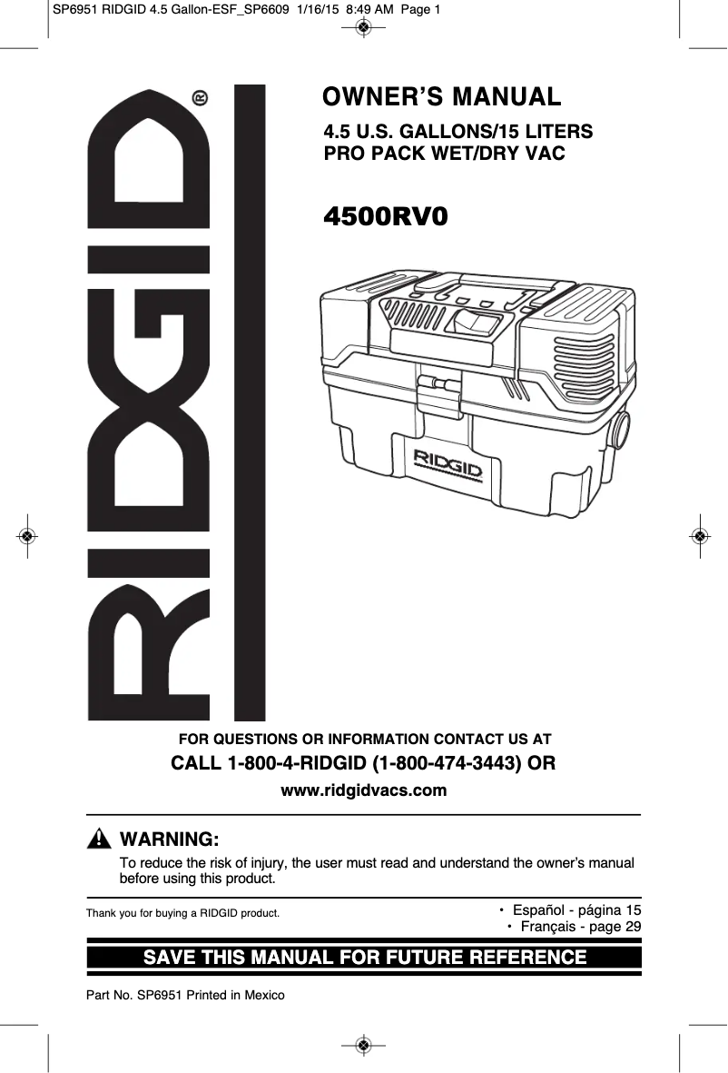 Page 1 de la notice Manuel utilisateur Ridgid ProPack 4500RV