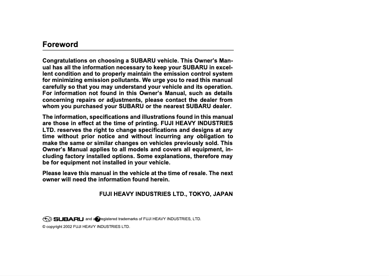 Image de la première page du manuel de l'appareil Impreza (2004)