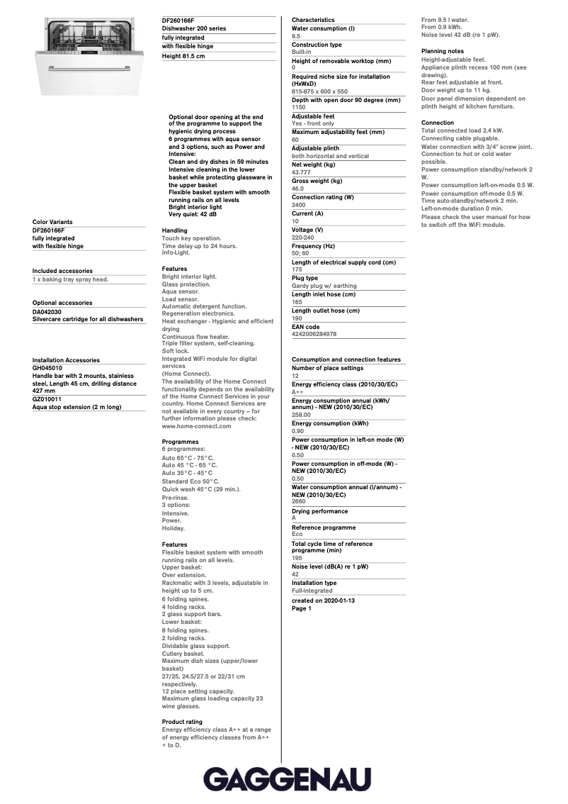 Page n°1 - Fiche technique Gaggenau DF260166F