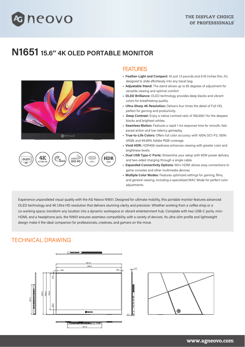 Page 1 de la notice Fiche technique AG Neovo N1651