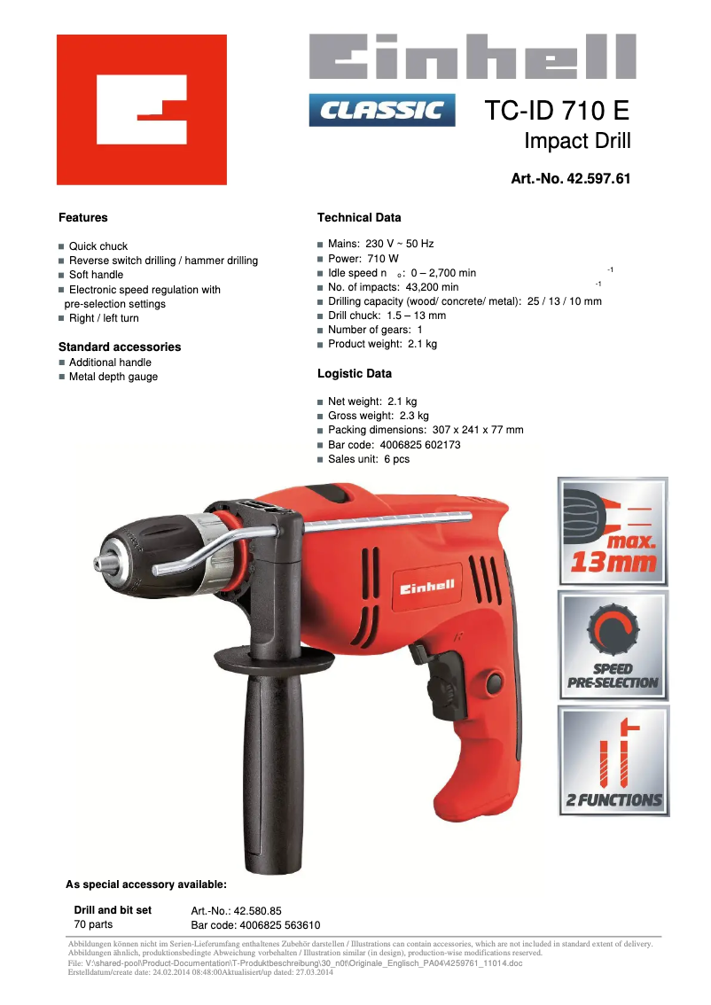 Page n°1 - Fiche technique Einhell TC-ID 710 E