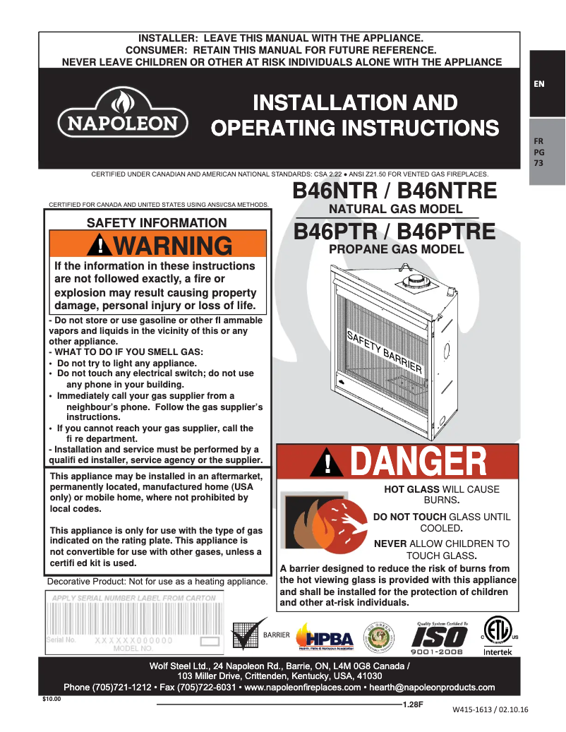 Page n°1 - Manuel utilisateur Napoleon Ascent B46NTRE