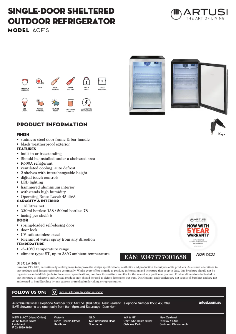 Page 1 de la notice Fiche technique Artusi AOF1S