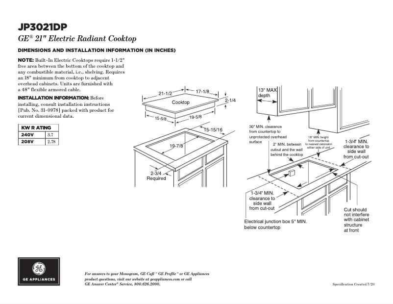 Page 1 de la notice Fiche technique GE JP3021DPBB
