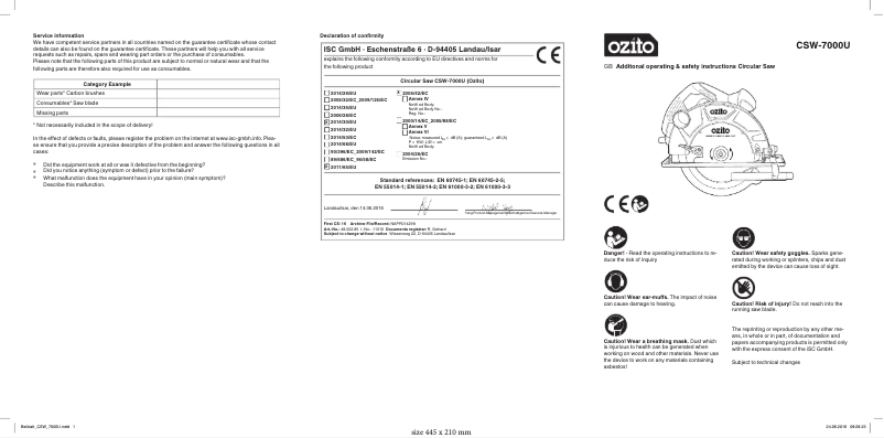 Page 1 de la notice Manuel utilisateur Ozito CSW-7000U