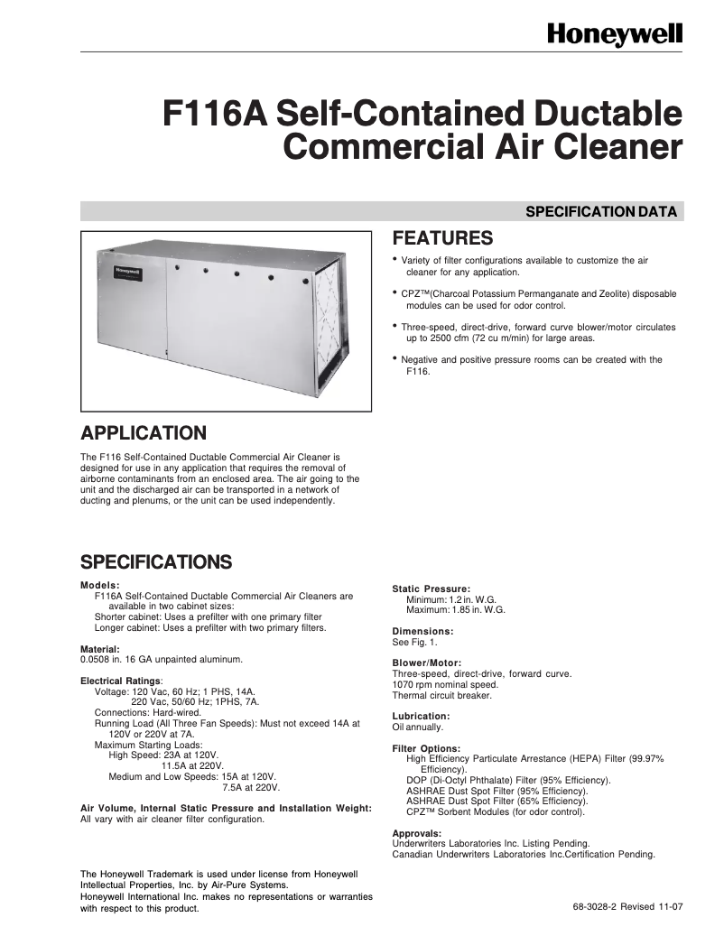 Page 1 de la notice Fiche technique Honeywell F116A1120