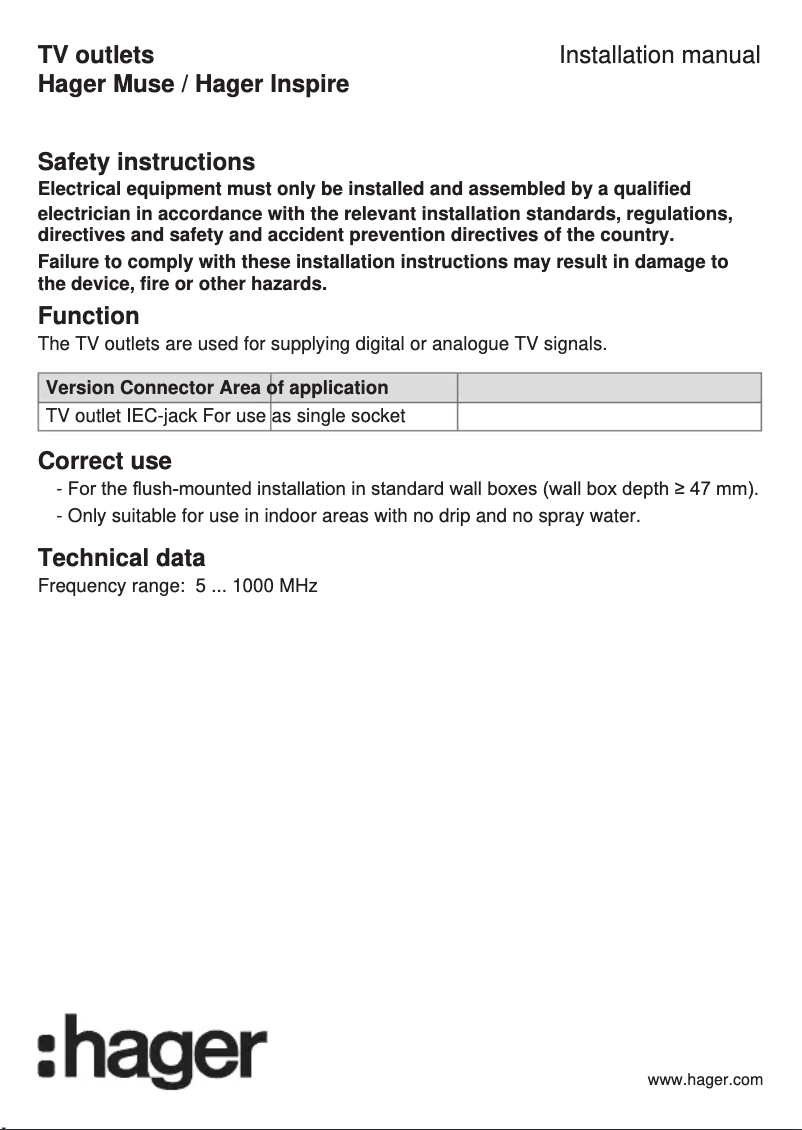 Page 1 de la notice Manuel utilisateur Hager WGCT1TV