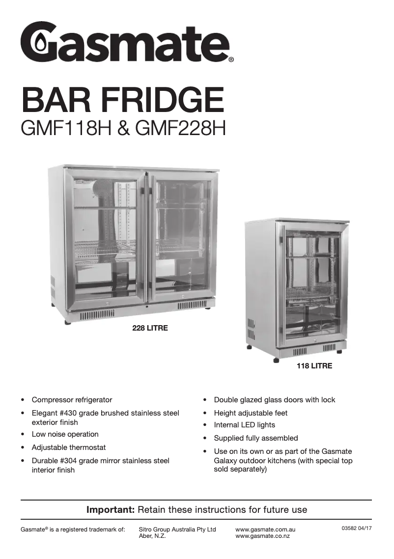 Page 1 de la notice Manuel utilisateur Gasmate GMF228H