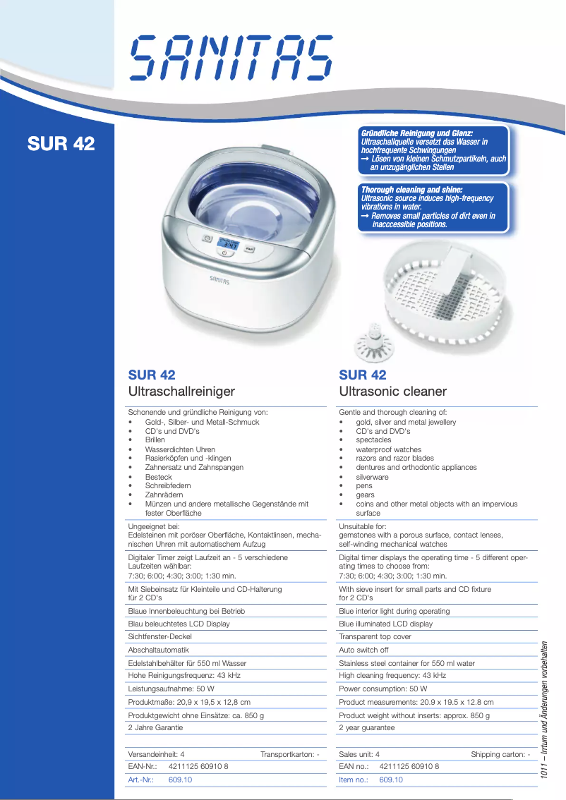 Page 1 de la notice Fiche technique Sanitas SUR 42