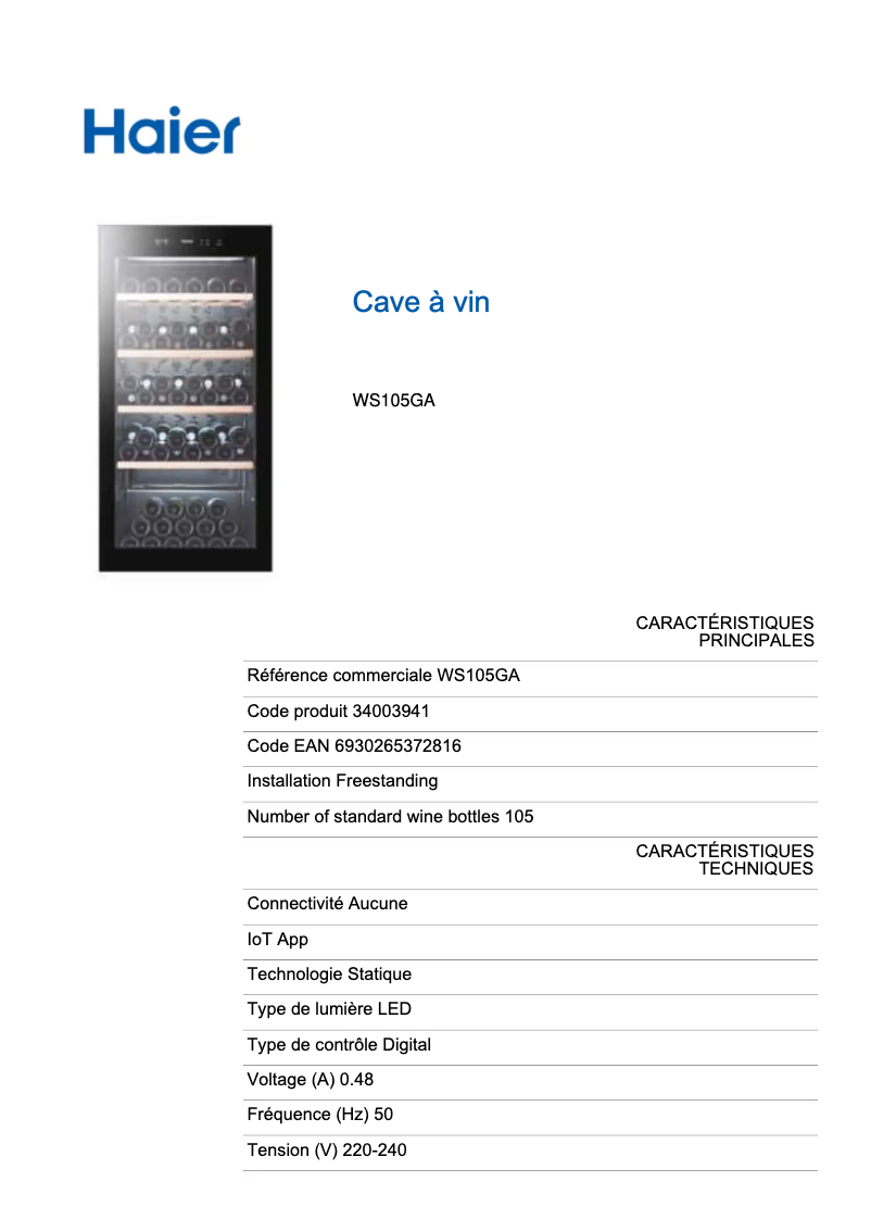Page n°1 - Fiche technique Haier WS105GA