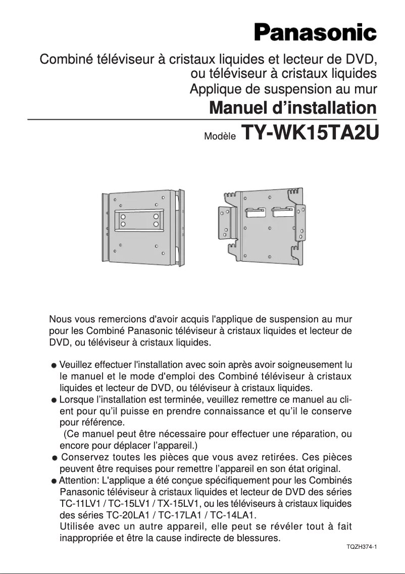 Page 1 de la notice Manuel utilisateur Panasonic TY-WK15TA2U