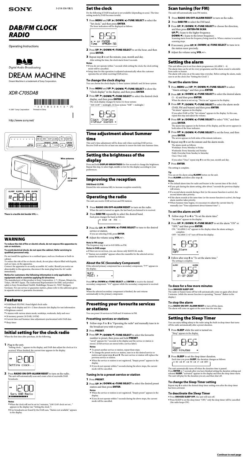 Page 1 de la notice Manuel utilisateur Sony XDR-C705DAB