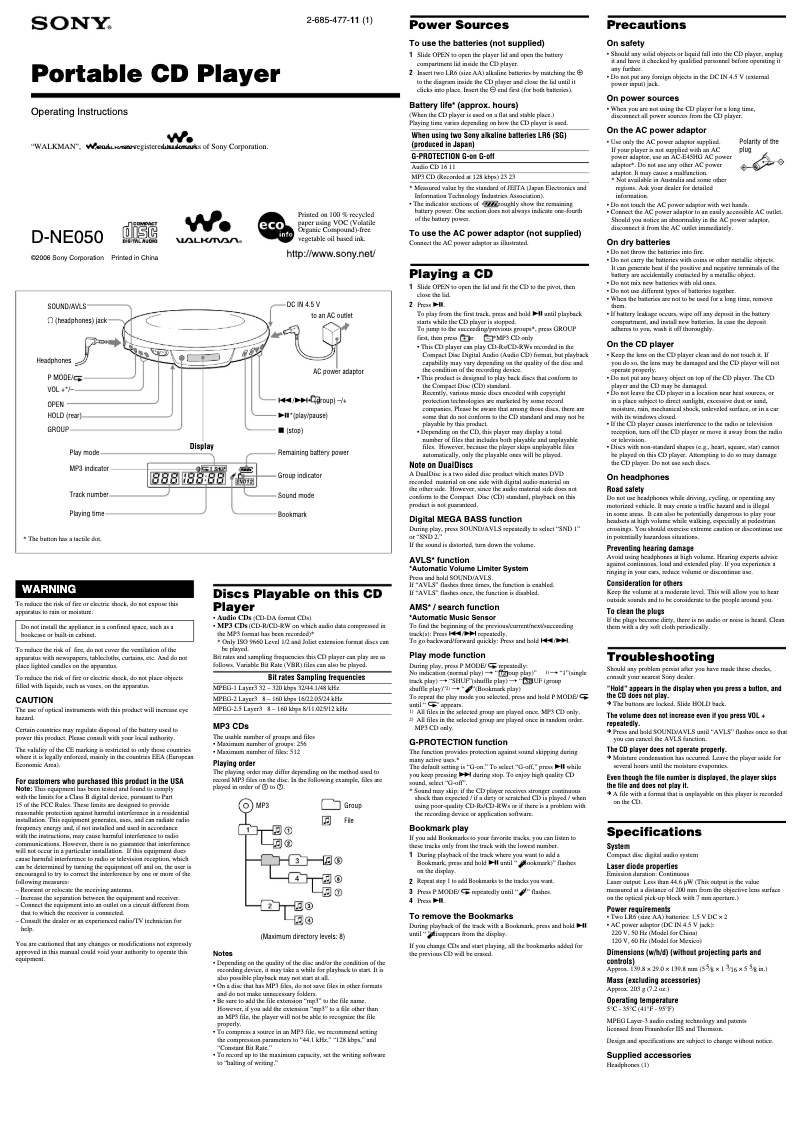 Page 1 de la notice Manuel utilisateur Sony Discman D-NE050