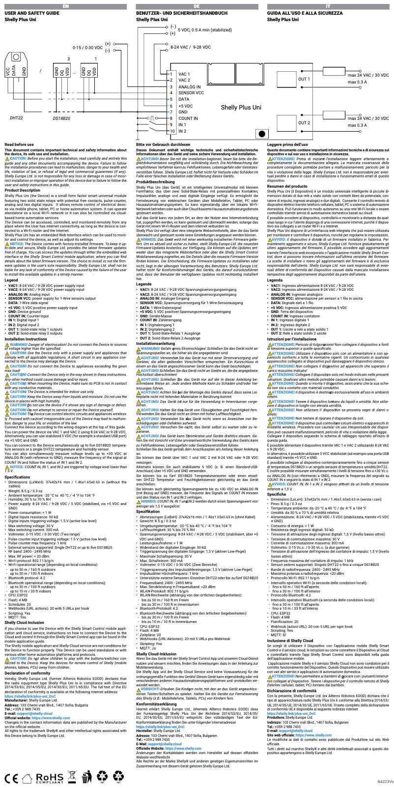 Page 1 de la notice Manuel utilisateur Shelly Plus Un