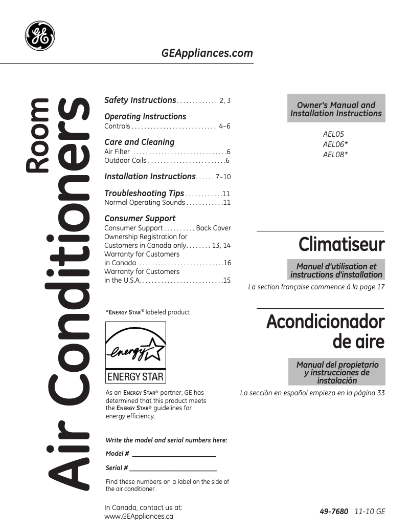 Page n°1 - Manuel utilisateur GE AEL05LP
