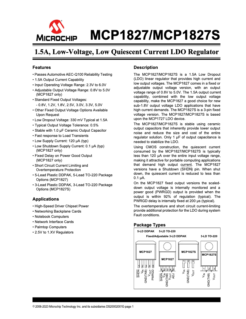 Page 1 de la notice Fiche technique Microchip MCP1827S