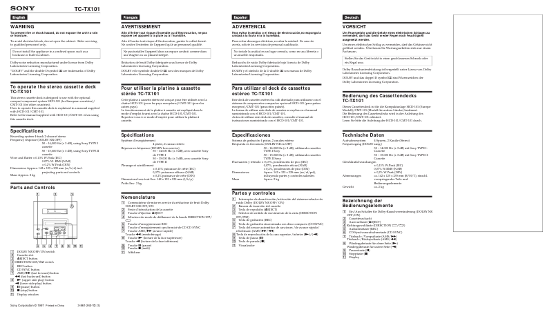 Page 1 de la notice Manuel utilisateur Sony TC-TX101