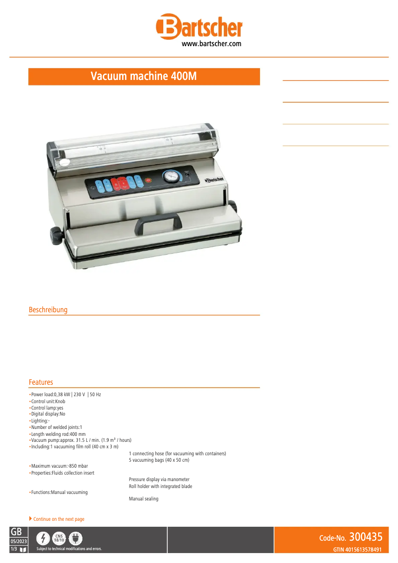 Página 1 del manual Ficha técnica Bartscher 300435