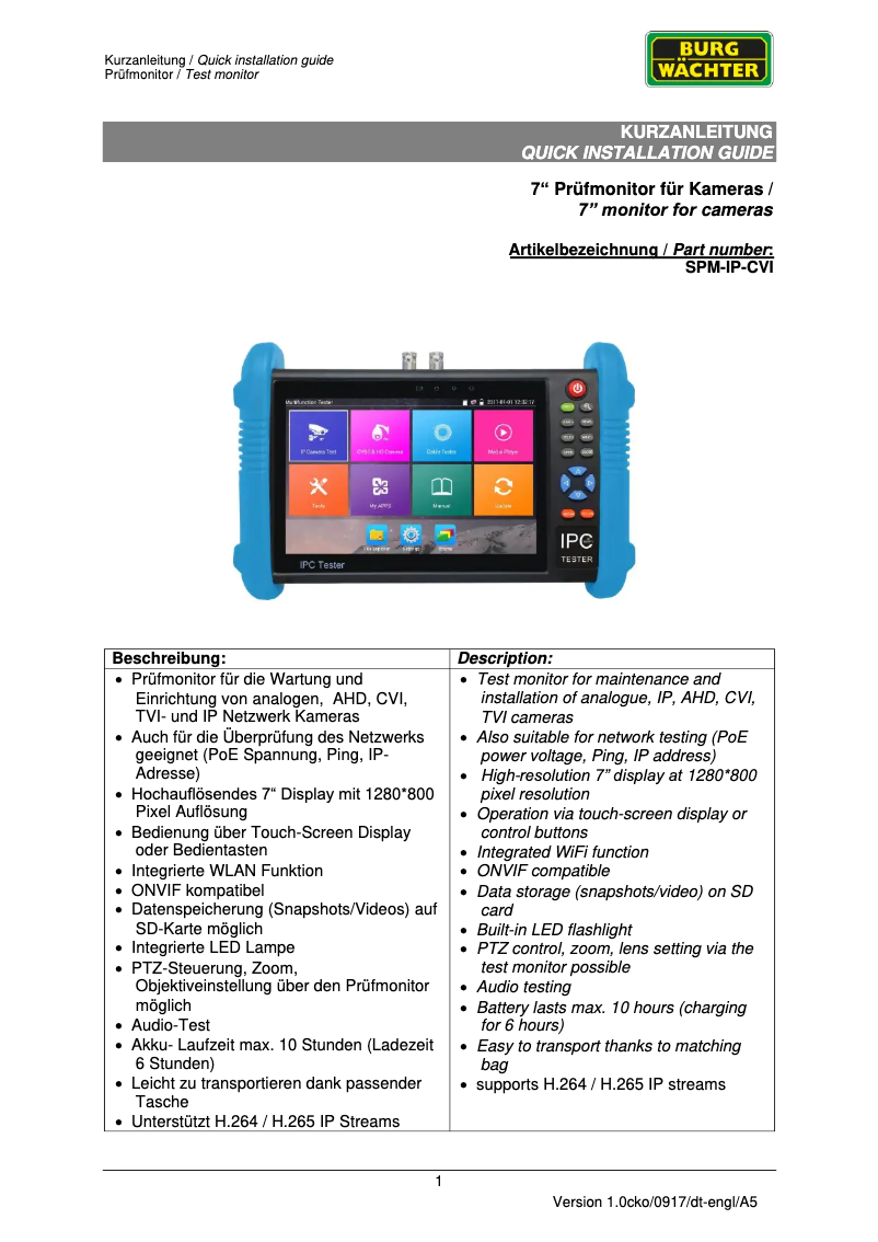 Image de la première page du manuel de l'appareil IPC Tester SPM-IP-CVI-G2