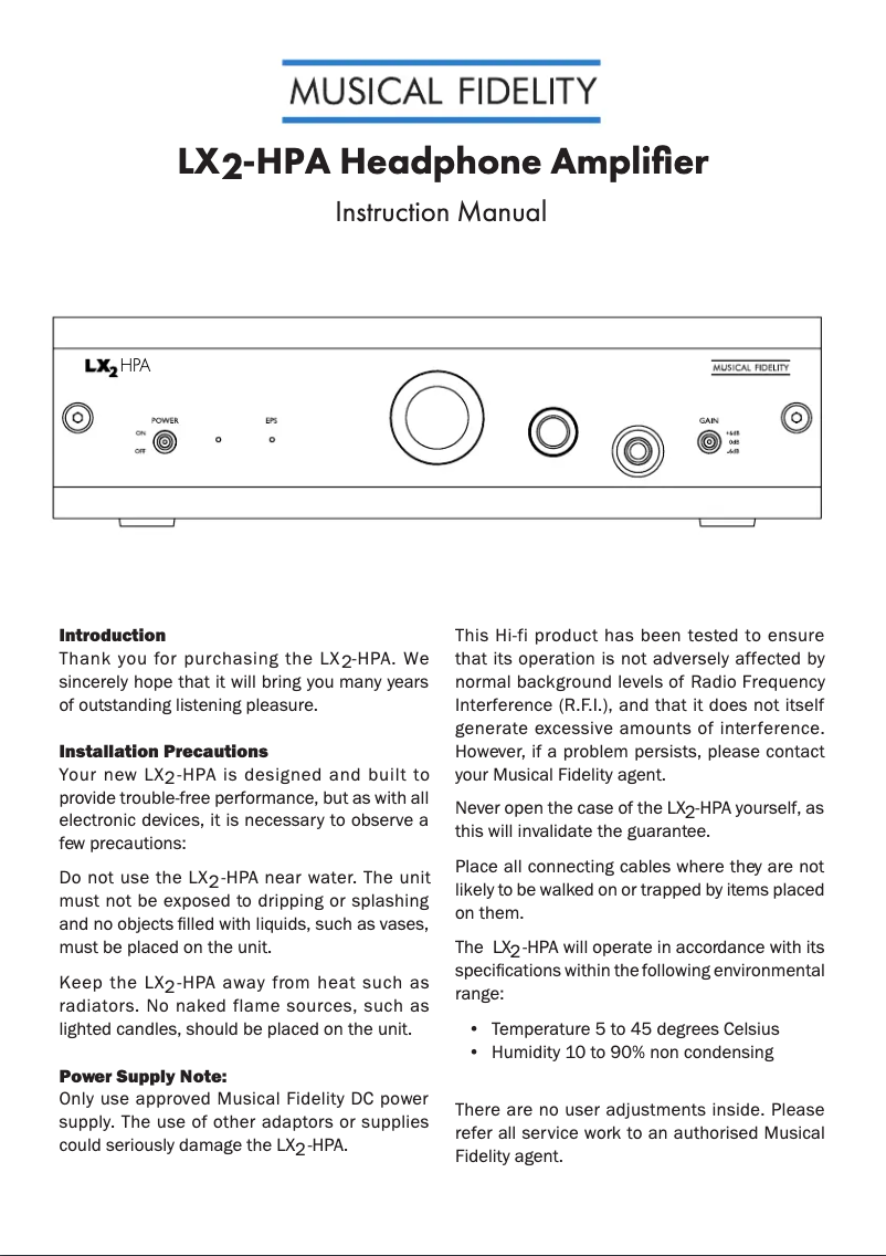 Page n°1 - Manuel utilisateur Musical Fidelity LX2-HPA