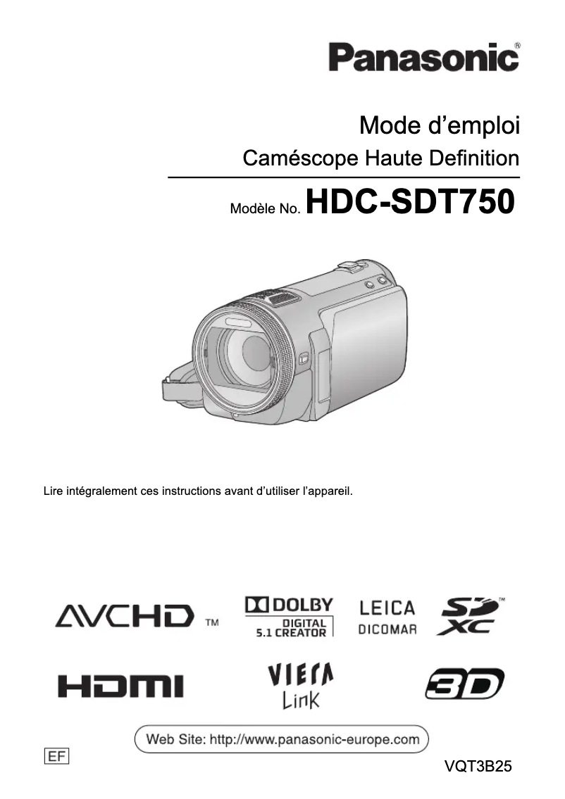 Page 1 de la notice Manuel utilisateur Panasonic HDC-SDT750