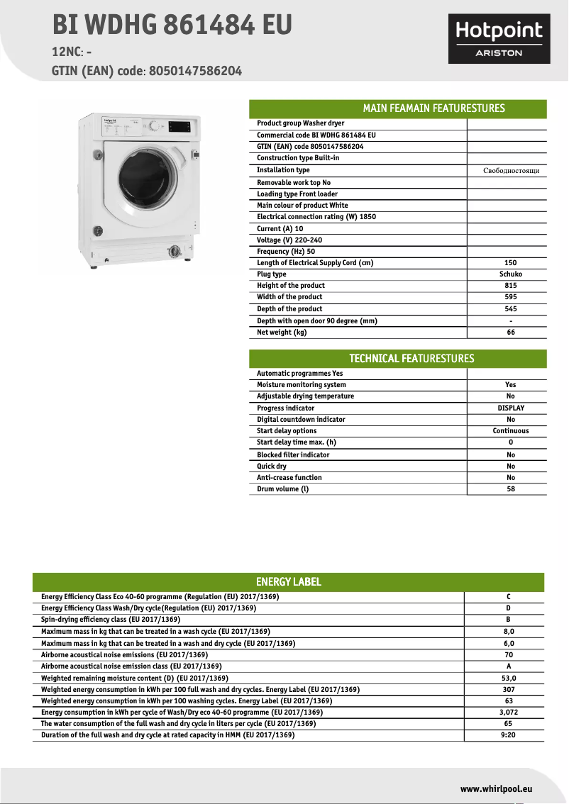 Page 1 de la notice Fiche technique Hotpoint BI WDHG 861484 EU