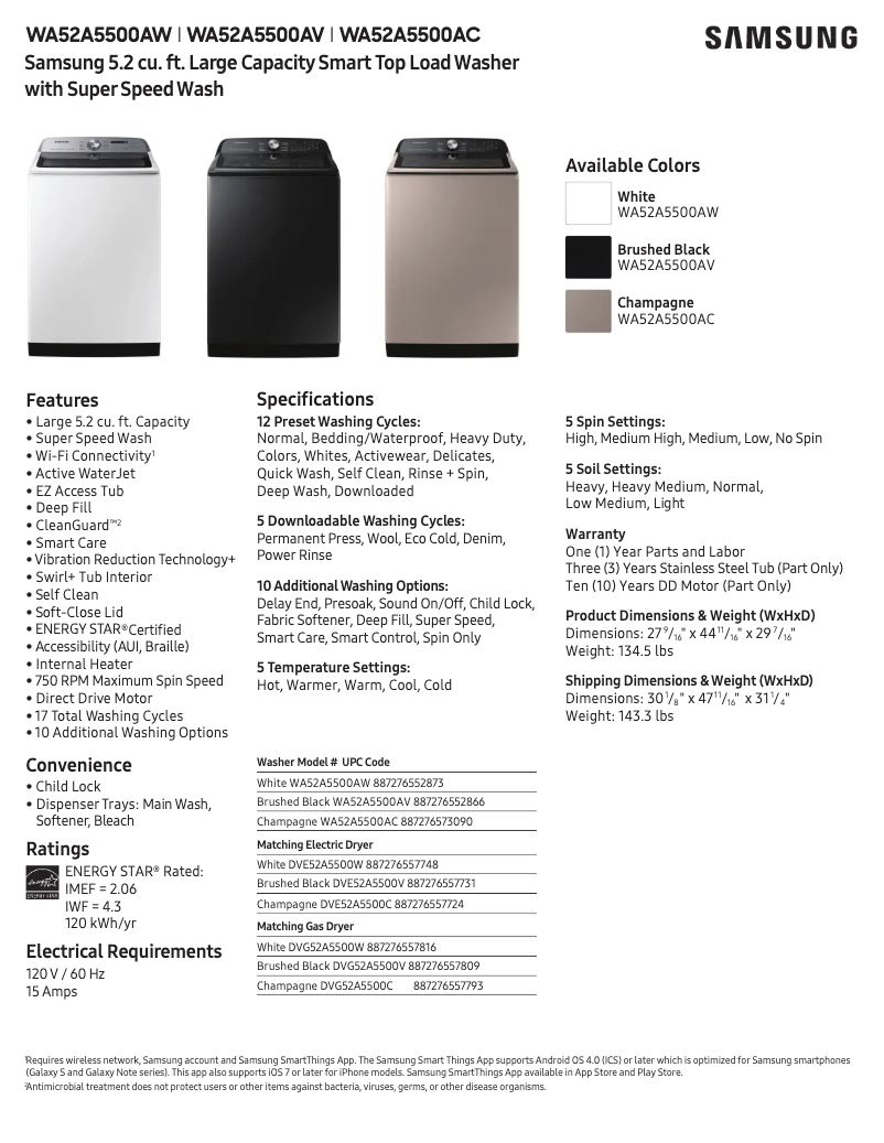 Page 1 de la notice Fiche technique Samsung WA52A5500AV
