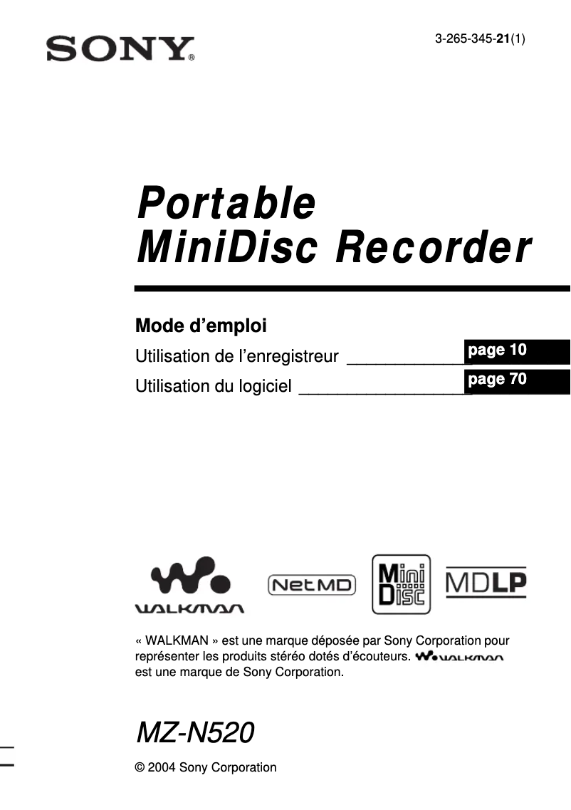 Page 1 de la notice Manuel utilisateur Sony MZ-N520