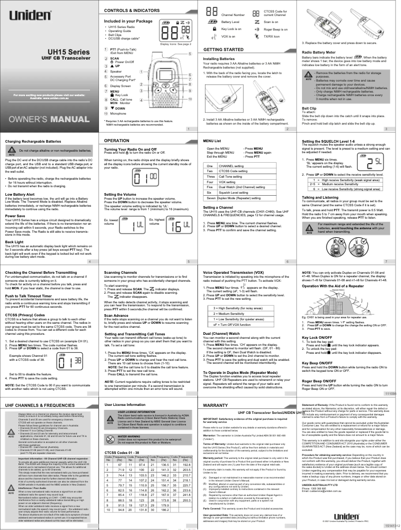 Page 1 de la notice Manuel utilisateur Uniden UH15-3