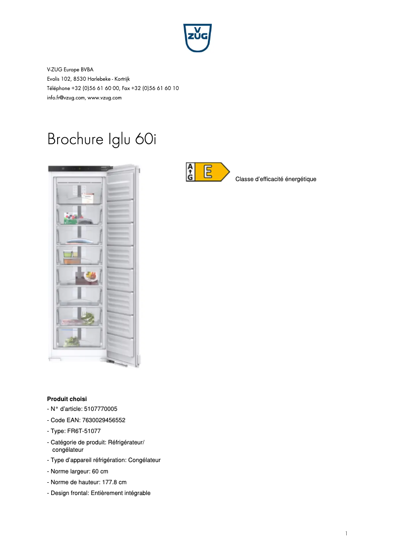 Page 1 de la notice Brochure V-Zug Iglu 60i