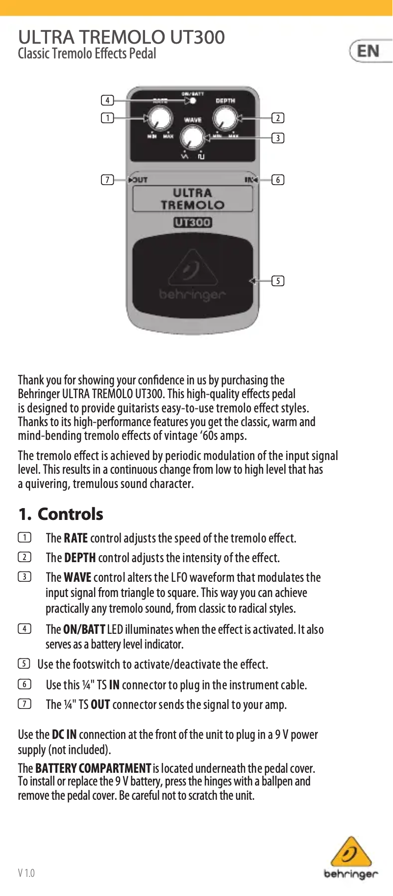Page 1 de la notice Manuel utilisateur Behringer Ultra Tremolo UT300