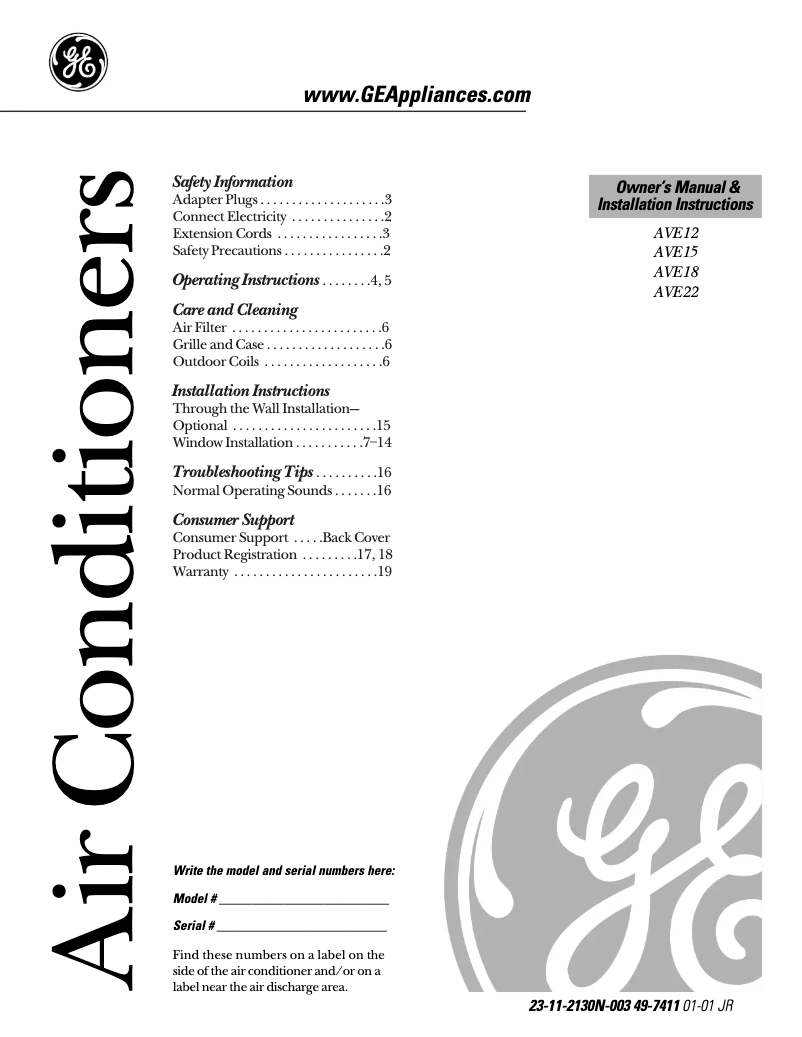 Page n°1 - Guide d'installation GE AVE18DA