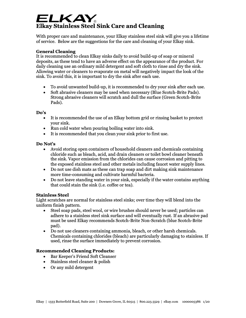 Page 1 de la notice Manuel utilisateur Elkay Lustertone ELUHAD281655PD