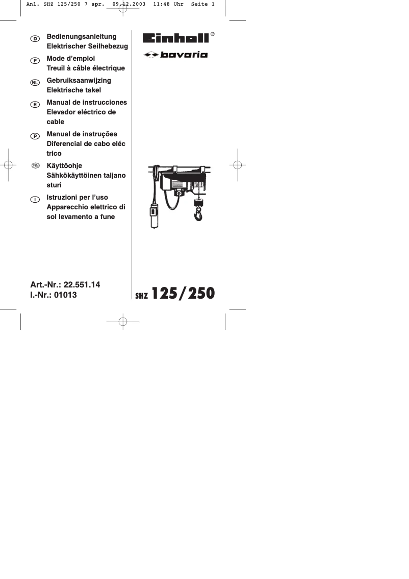 Image de la première page du manuel de l'appareil SHZ 125/250