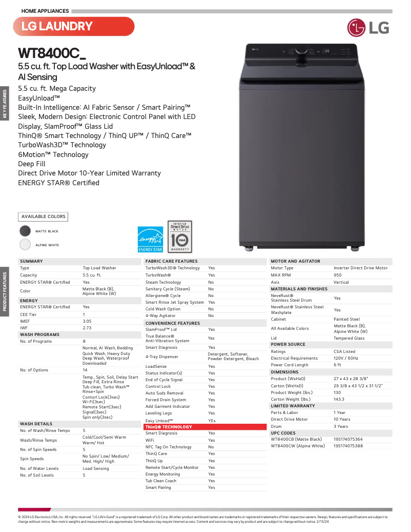 Page 1 de la notice Fiche technique LG WT8400CB