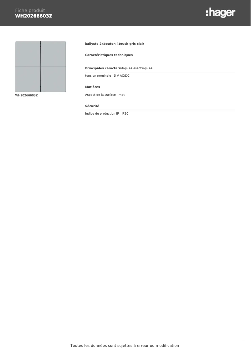 Page 1 de la notice Fiche technique Hager WH20266603Z