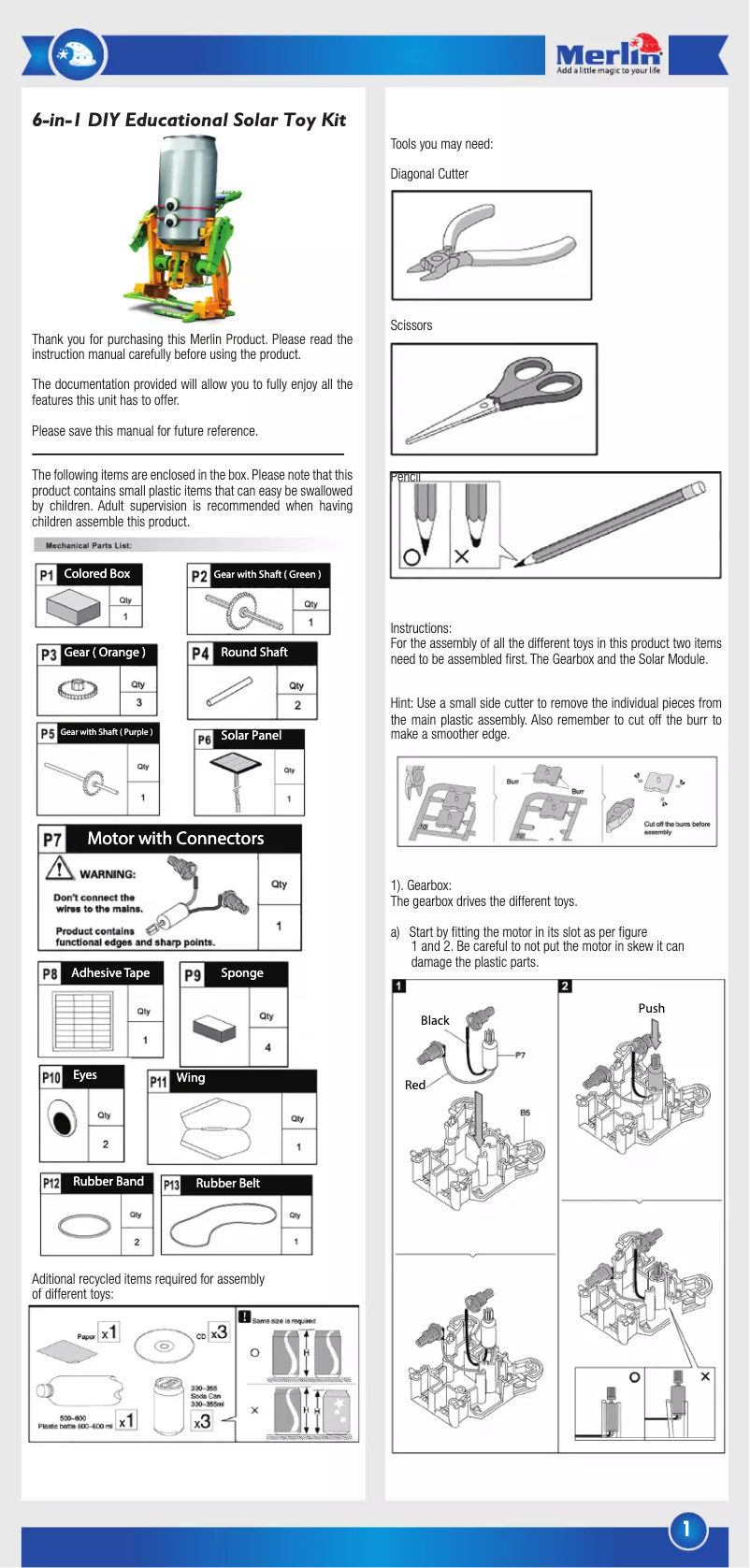 Page 1 de la notice Manuel utilisateur Merlin 6-IN-1 DIY Educational Solar Toy Kit