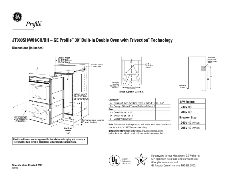 Page n°1 - Fiche technique GE Profile JT980SHSS