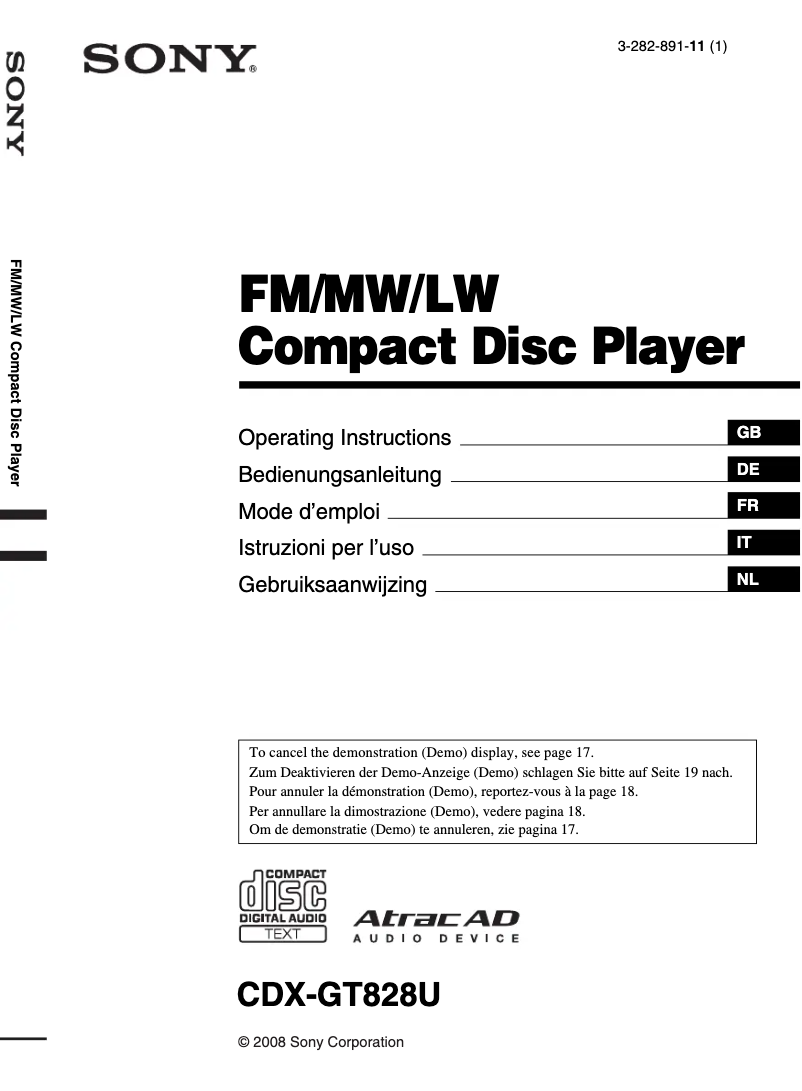 Page 1 de la notice Mode d'emploi Sony CDX-GT828