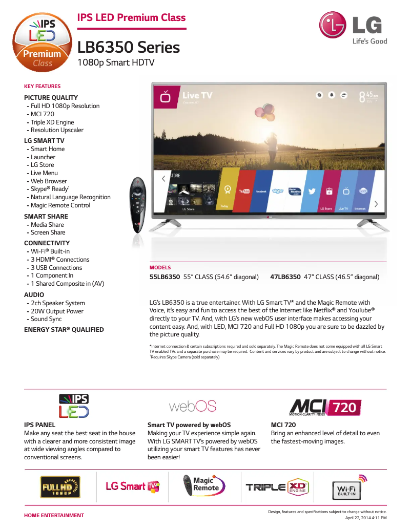 Página 1 del manual Ficha técnica LG 55LB6350