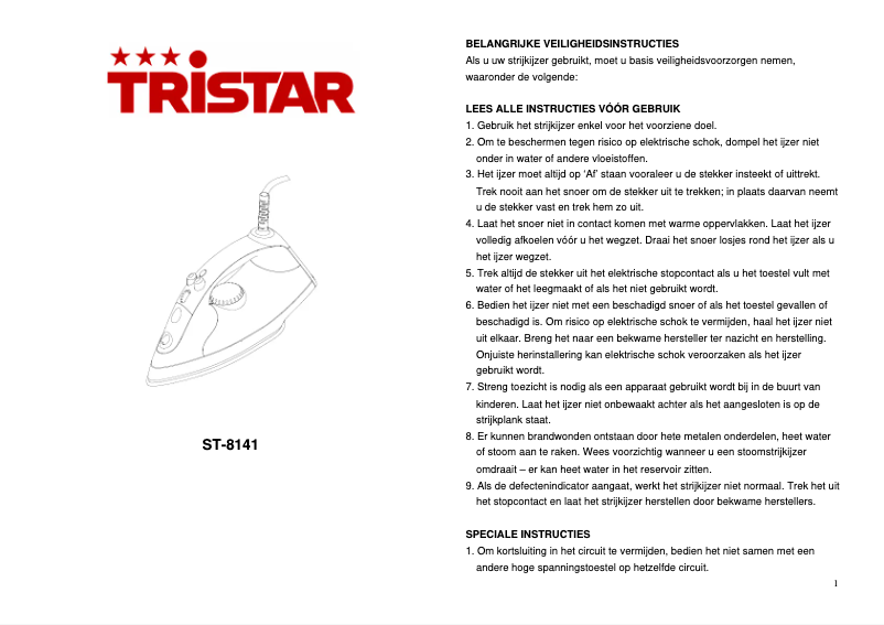 Page 1 de la notice Manuel utilisateur TriStar ST-8141