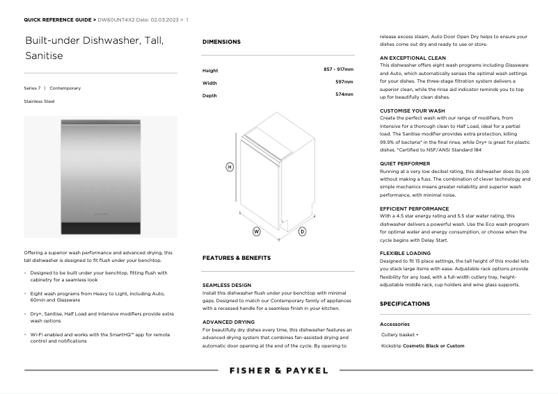 Page 1 de la notice Fiche technique Fisher & Paykel DW60UNT4X2