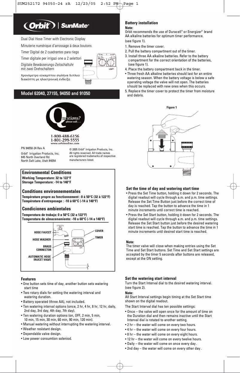 Page 1 de la notice Manuel utilisateur Orbit SunMate 91050