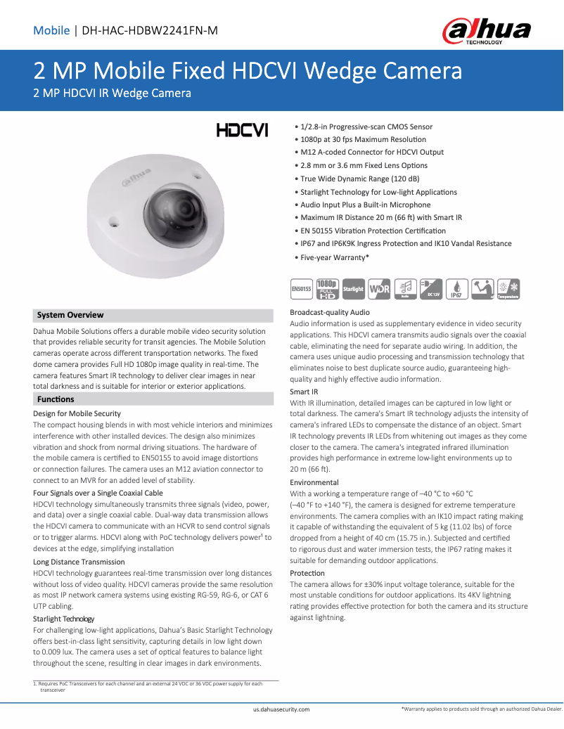 Page 1 de la notice Fiche technique Dahua Technology DH-HAC-HDBW2241FN-M