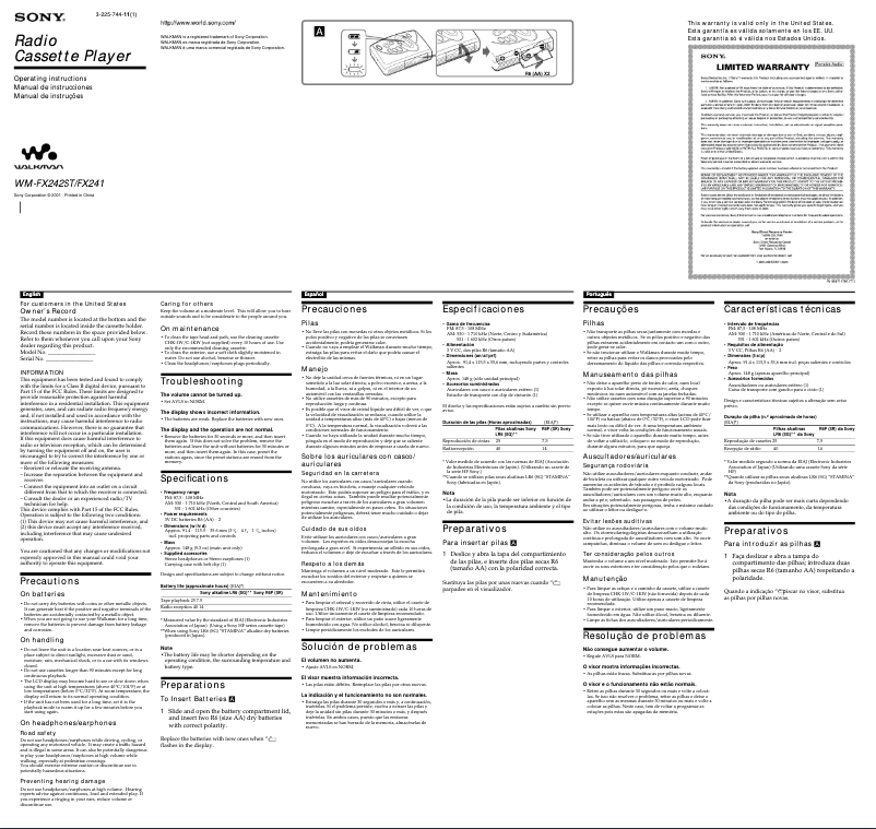 Page 1 de la notice Manuel utilisateur Sony Walkman WM-FX241