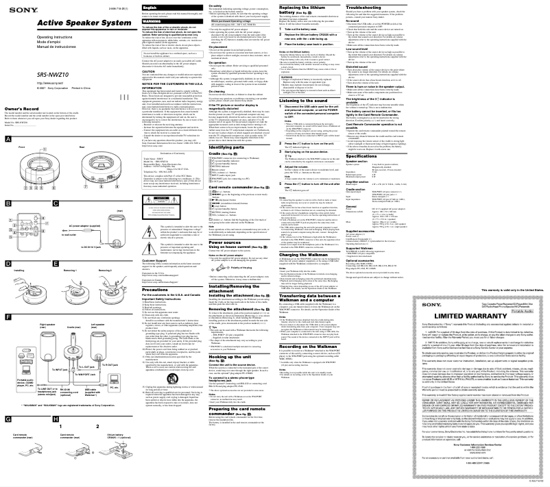 Image de la première page du manuel de l'appareil SRS-NWZ10