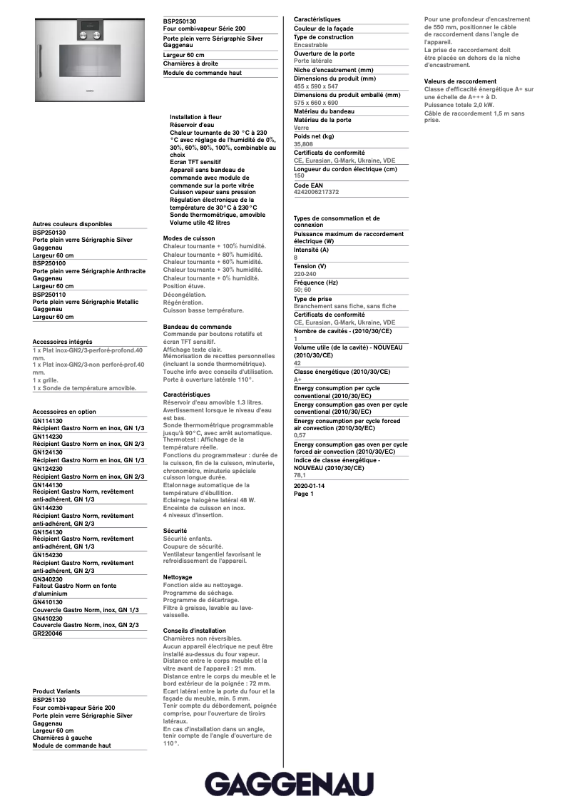 Page 1 de la notice Fiche technique Gaggenau BSP250130
