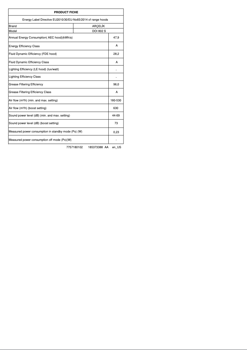 Page 1 de la notice Fiche technique Arçelik DOI 802 S